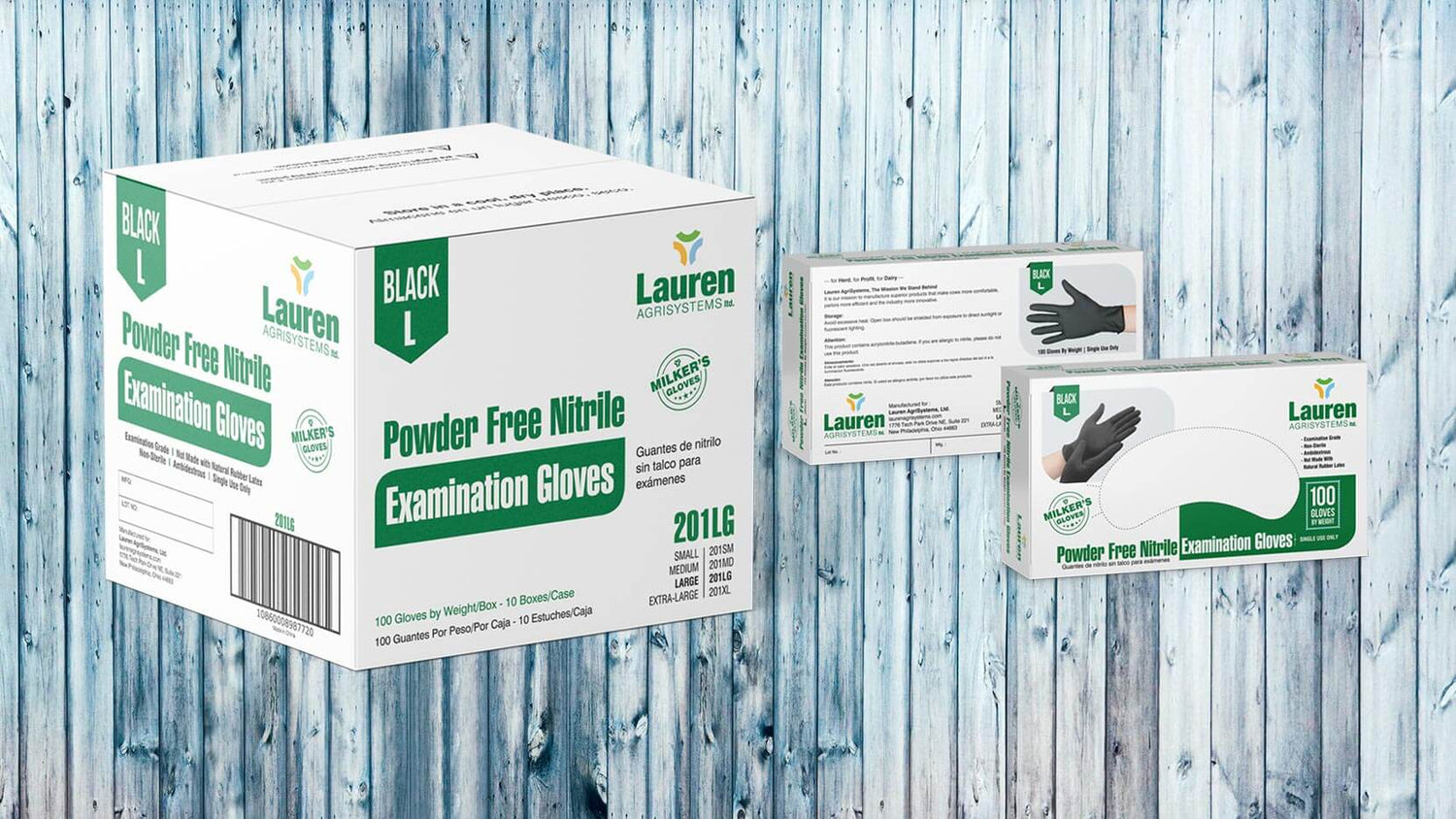 Powder free nitrile examination gloves for dairy parlors and milking cows, for teat-end health and hygiene.