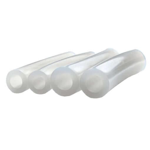 Clear silicone milk hoses for dairy farming, durable and flexible for milking parlors.