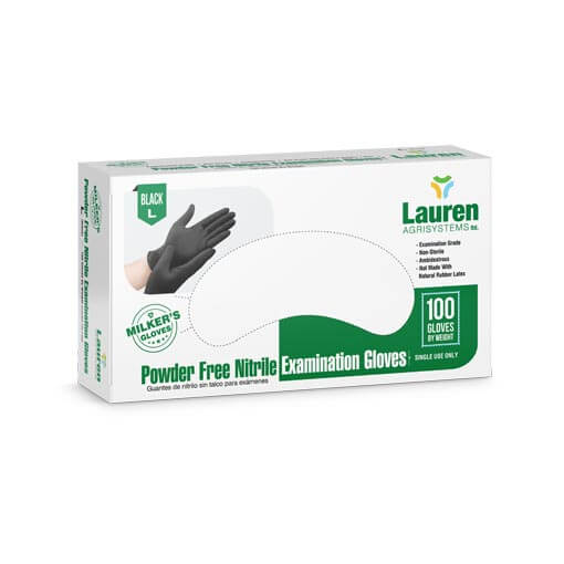 Powder Free Nitrile Examination Gloves by Lauren AgriSystems for dairy farms, featuring milker's gloves and silicone milking liners.