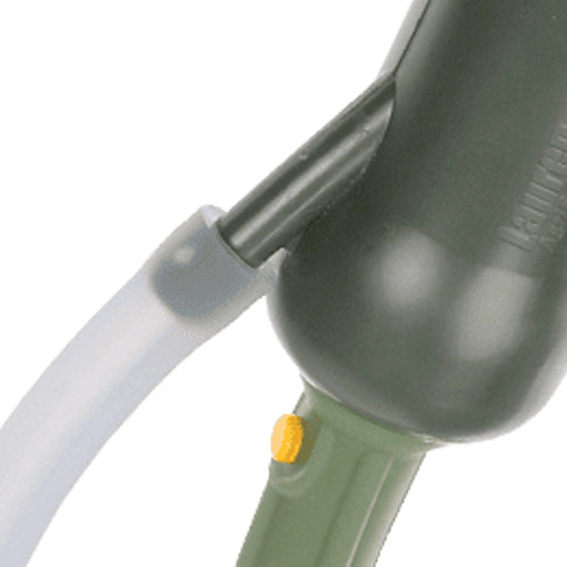 Close-up of a garden hose nozzle with a gray handle and a yellow button, ideal for efficient watering and irrigation.