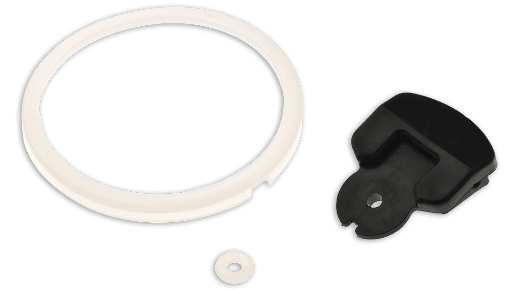 Replacement part kit featuring a white circular gasket, small washer, and black mounting bracket on a white background.